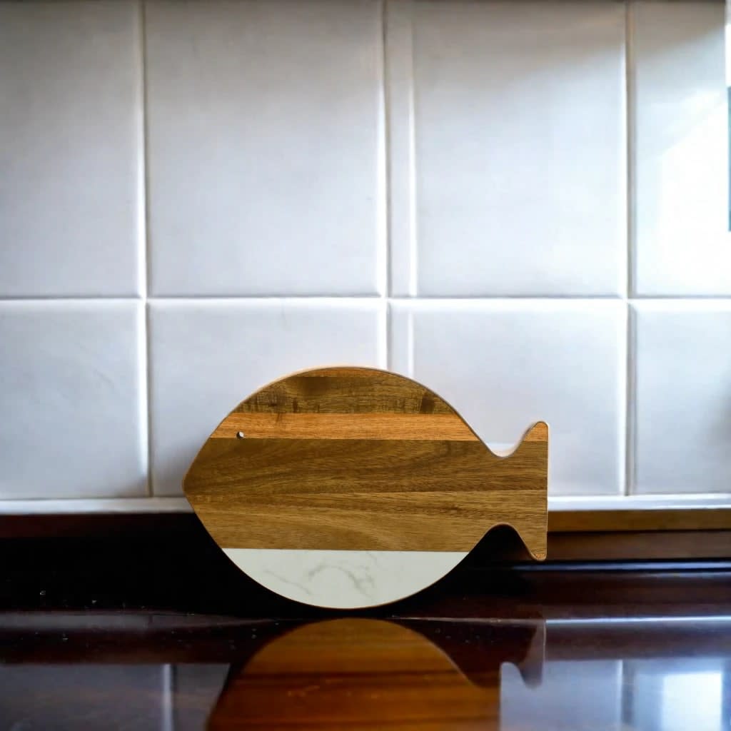 White Marble and Acacia Wood Fish Board-3