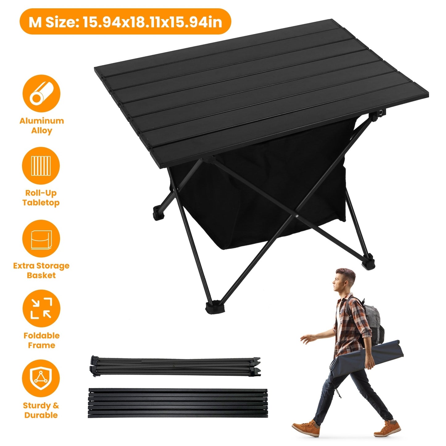 1Pc Foldable Camping Table With Storage Basket
