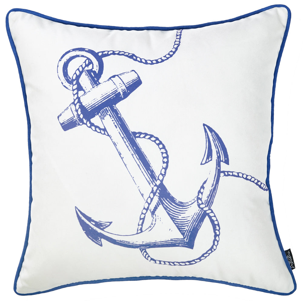 18" Blue And White Nautical Anchor Decorative Throw Pillow Cover-1