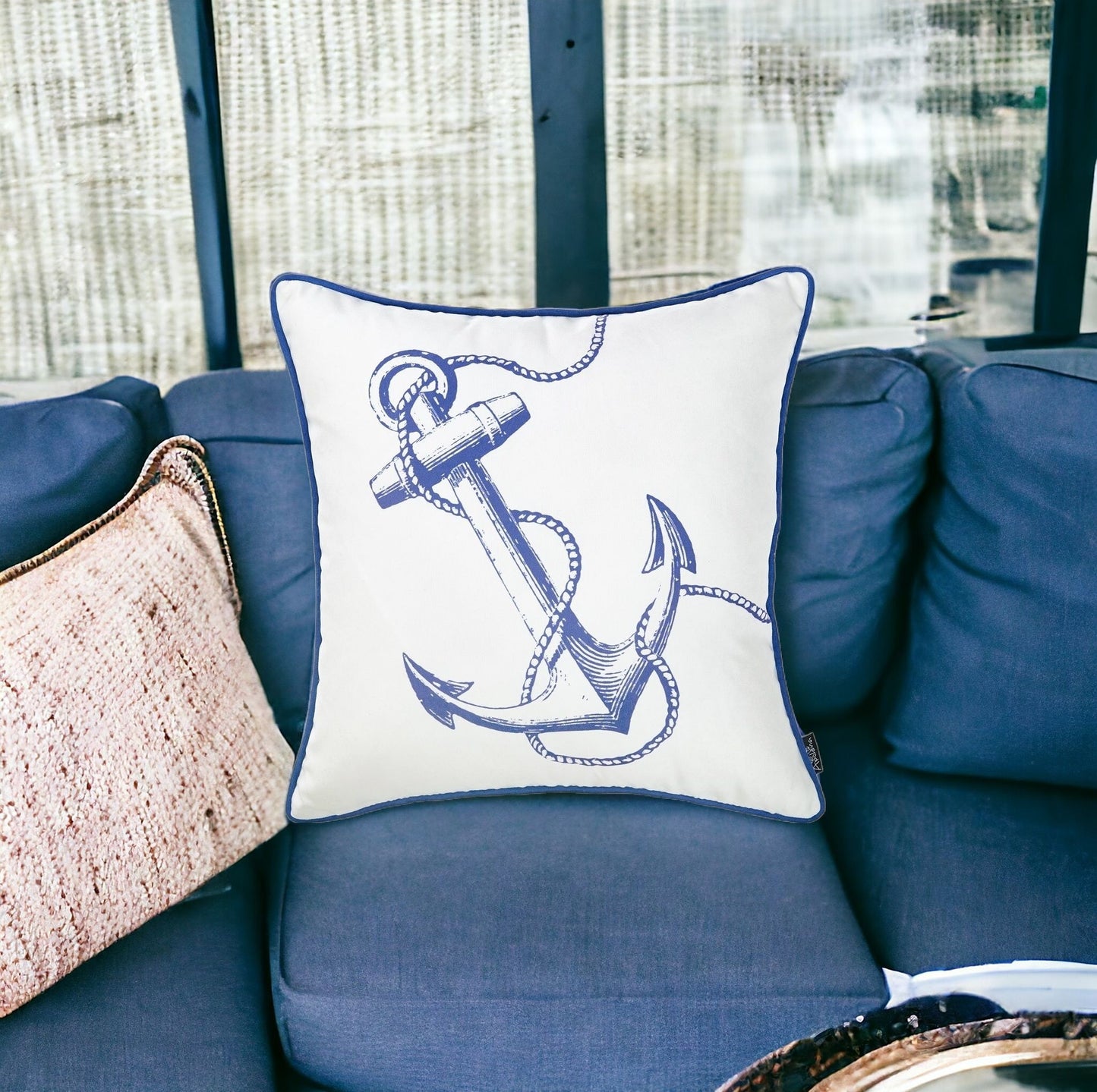 18" Blue And White Nautical Anchor Decorative Throw Pillow Cover-8