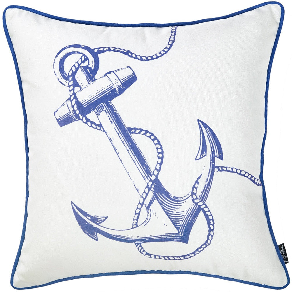 18" Blue And White Nautical Anchor Decorative Throw Pillow Cover-5