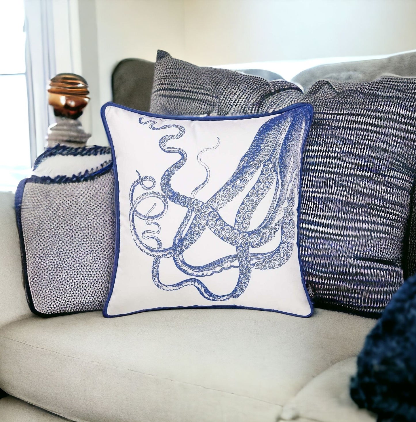 Blue and White Octopus Nautical Throw Pillow-5