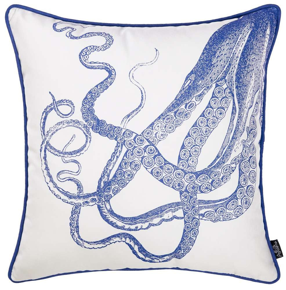Blue and White Octopus Nautical Throw Pillow-0