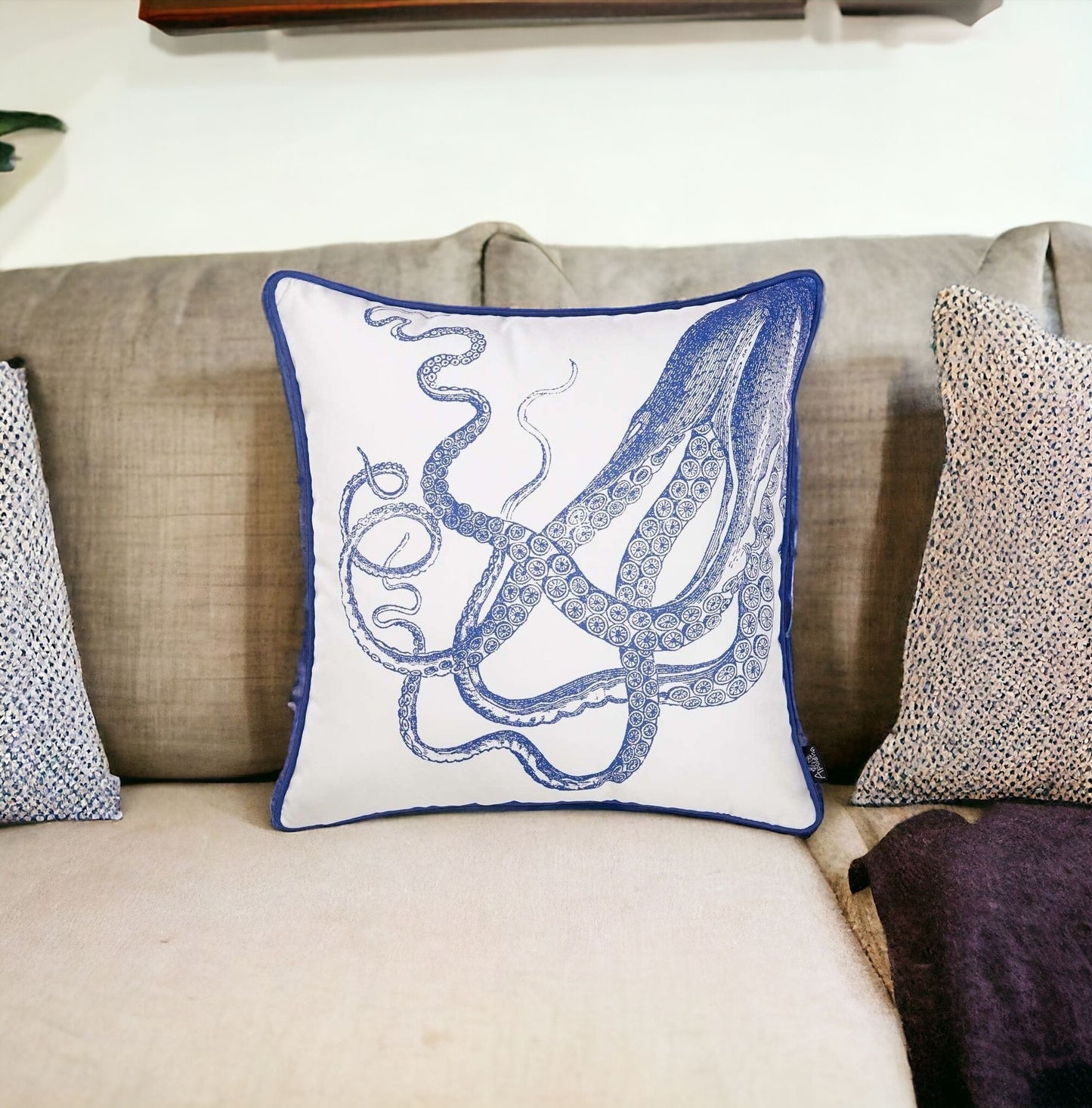 Blue and White Octopus Nautical Throw Pillow-1