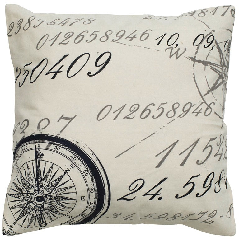 20" Natural And Black Nautical Compass Cotton Throw Pillow-1
