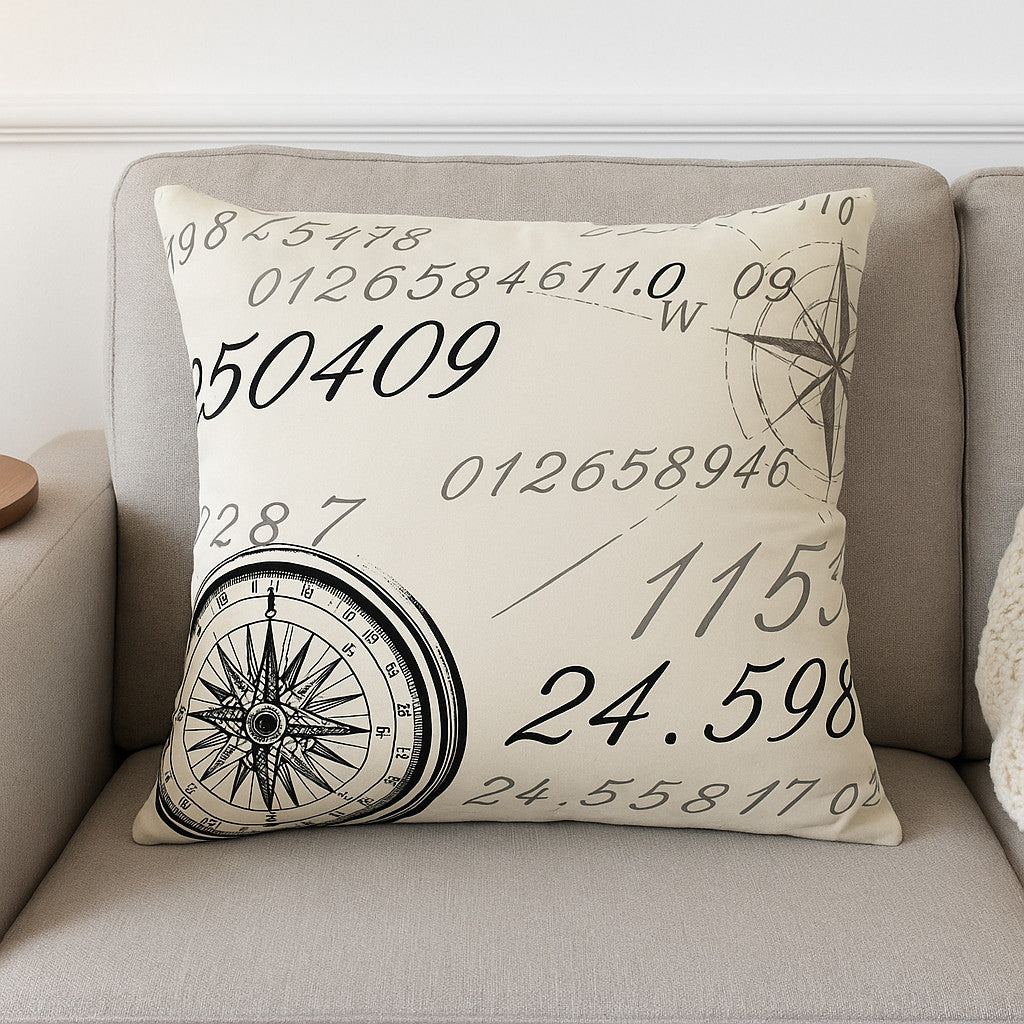 20" Natural And Black Nautical Compass Cotton Throw Pillow-0