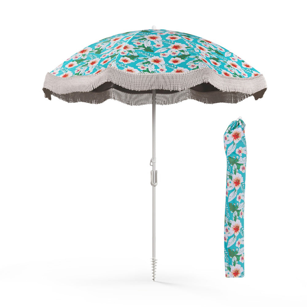 6.5 FT Beach Umbrella With Fringe Outdoor Tassel Umbrella With Push Button Tilt