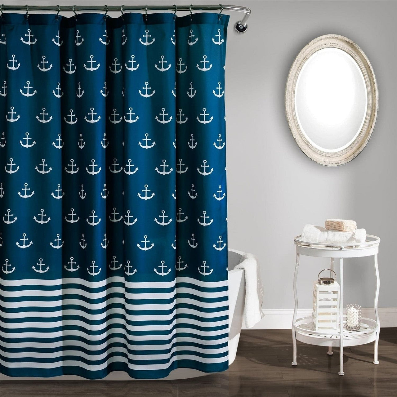 72-inch Navy White Nautical Anchor Polyester Shower Curtain-2