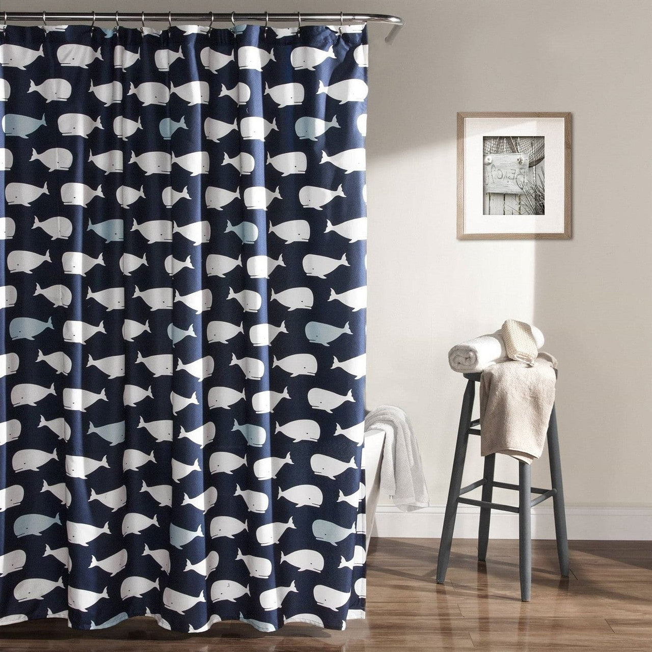 72-inch Navy White Nautical Whales Polyester Shower Curtain-2