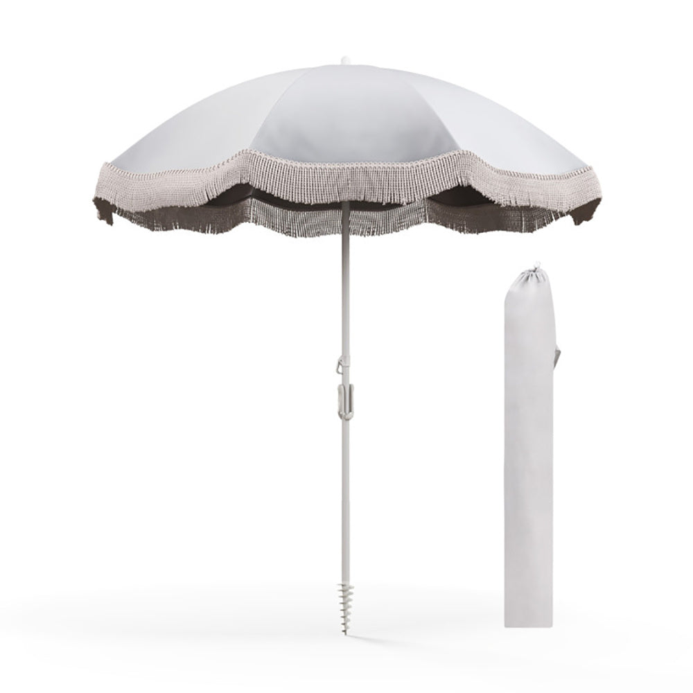 6.5 FT Beach Umbrella With Fringe Outdoor Tassel Umbrella With Push Button Tilt