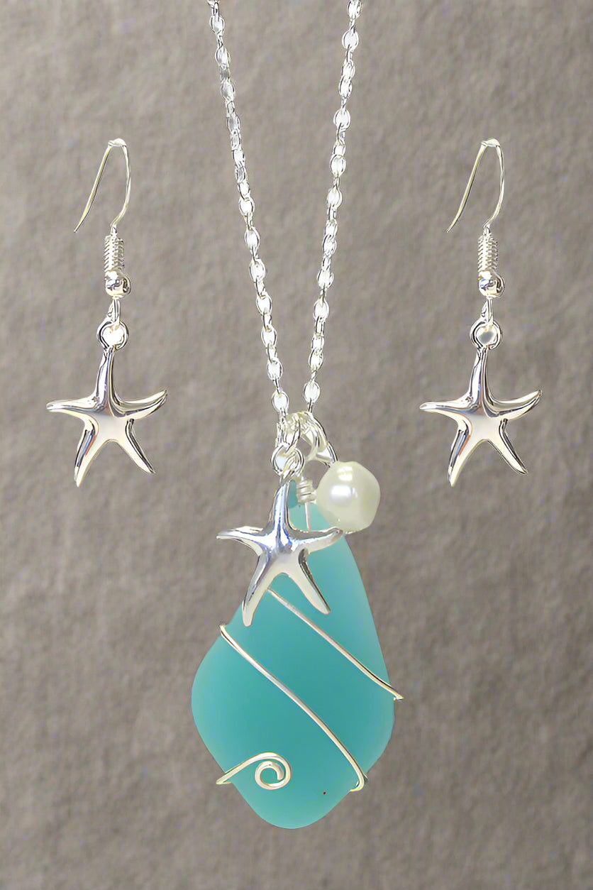 WIRE WRAP SEA GLASS AND PEARL PENDANT NECKLACE SET - STARFISH-0