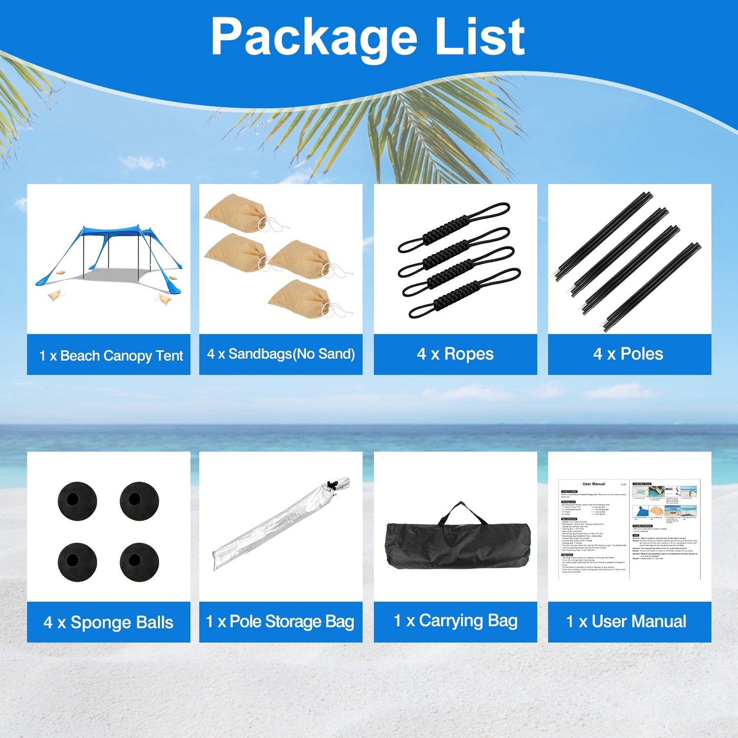 5-8 Person Beach Canopy 10x10x6.6ft With Sandbag Foldable Poles and Carry Bag