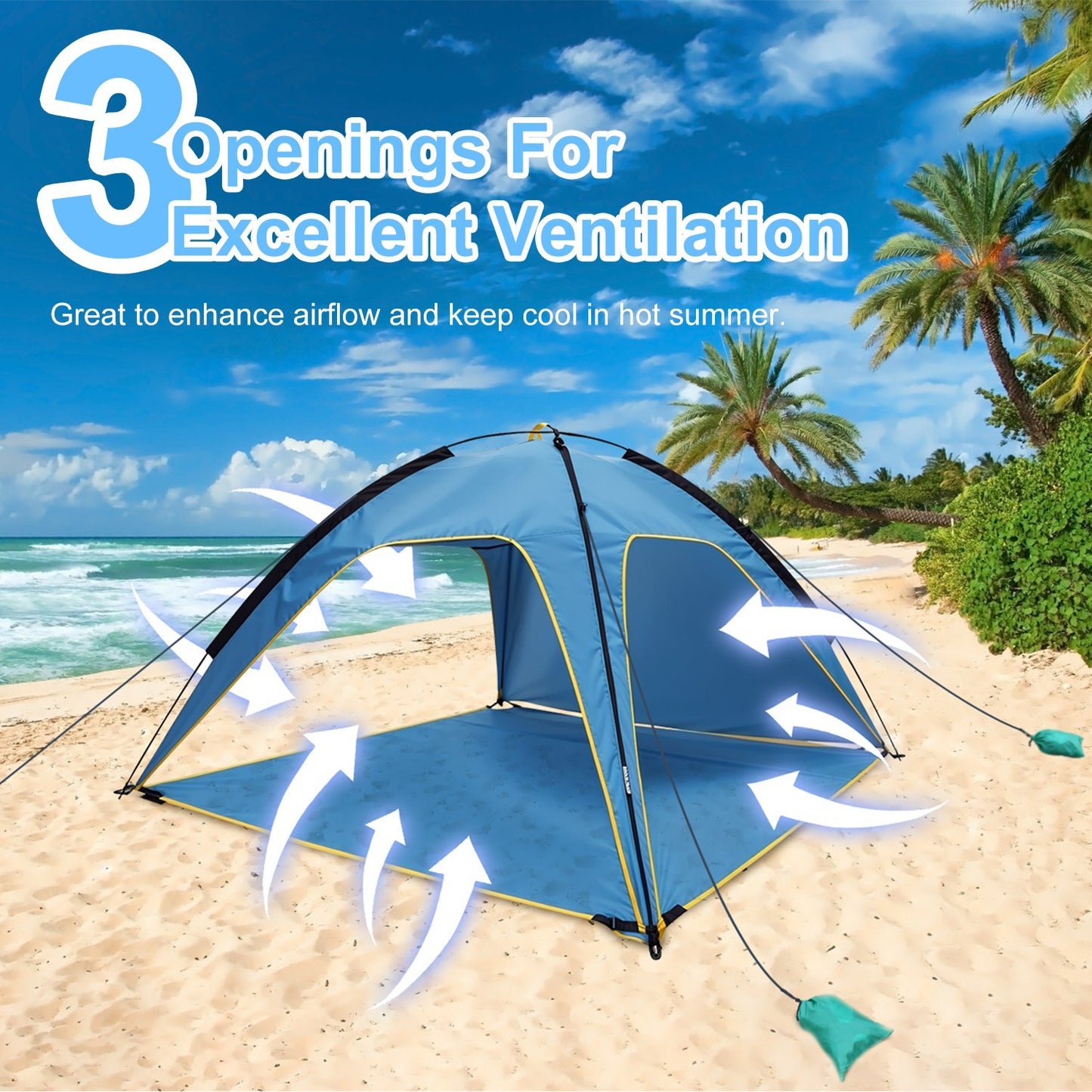 4-6 Person Beach Tent Canopy  With 3 Door Openings and Carry Bag