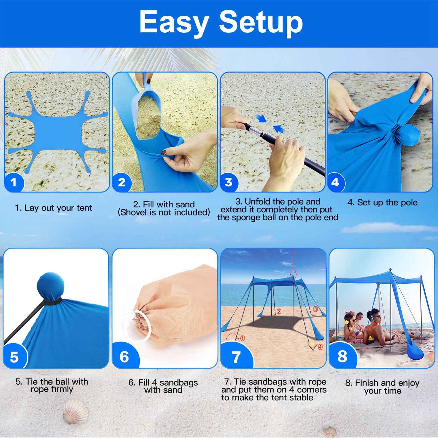 5-8 Person Beach Canopy 10x10x6.6ft With Sandbag Foldable Poles and Carry Bag