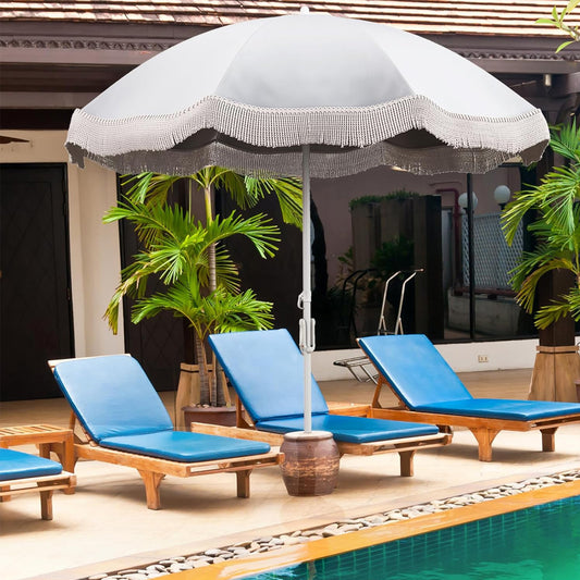 6.5 FT Beach Umbrella With Fringe Outdoor Tassel Umbrella With Push Button Tilt