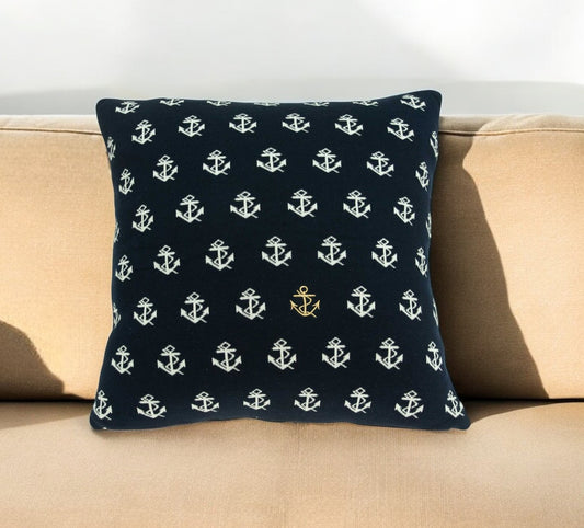 20" Blue and Off White Reversible Nautical Anchor Cotton Throw Pillow-0