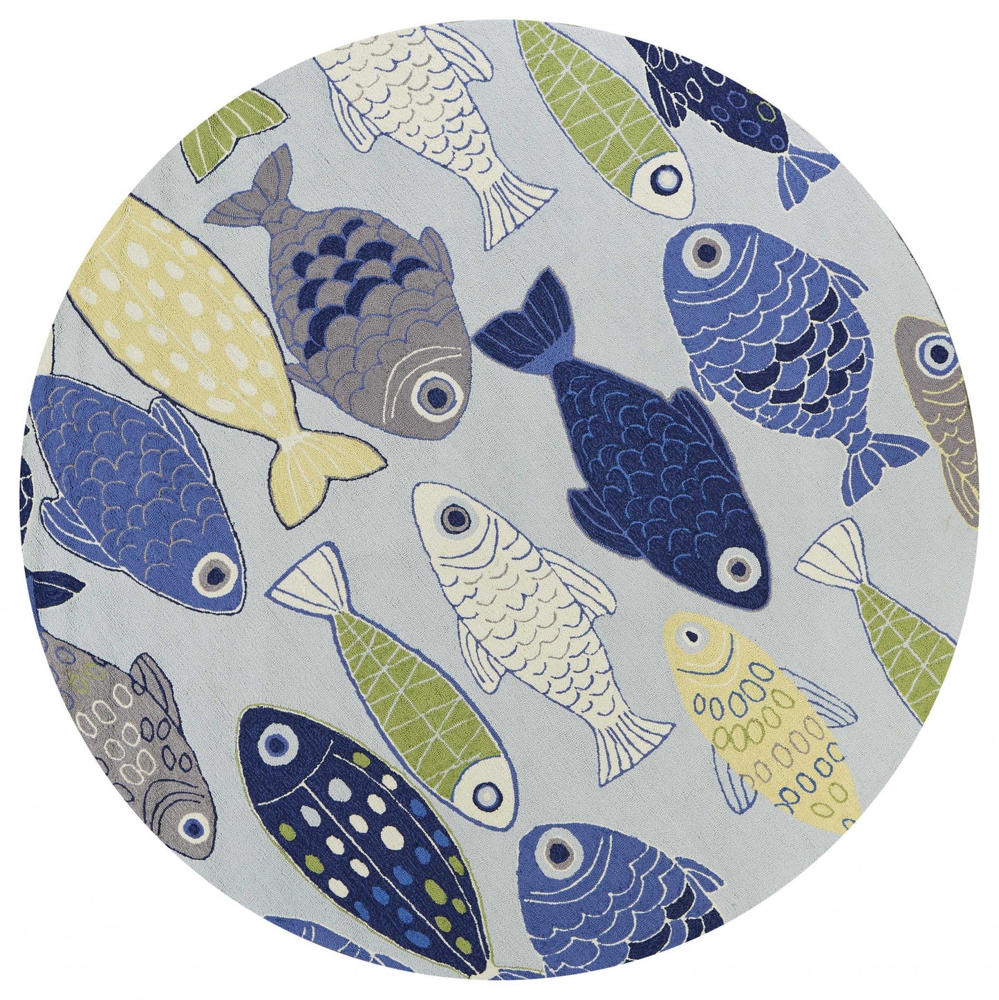 7' Blue Ivory And Green Fish Hand Tufted Round Rug-1