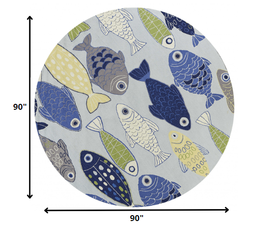7' Blue Ivory And Green Fish Hand Tufted Round Rug-2