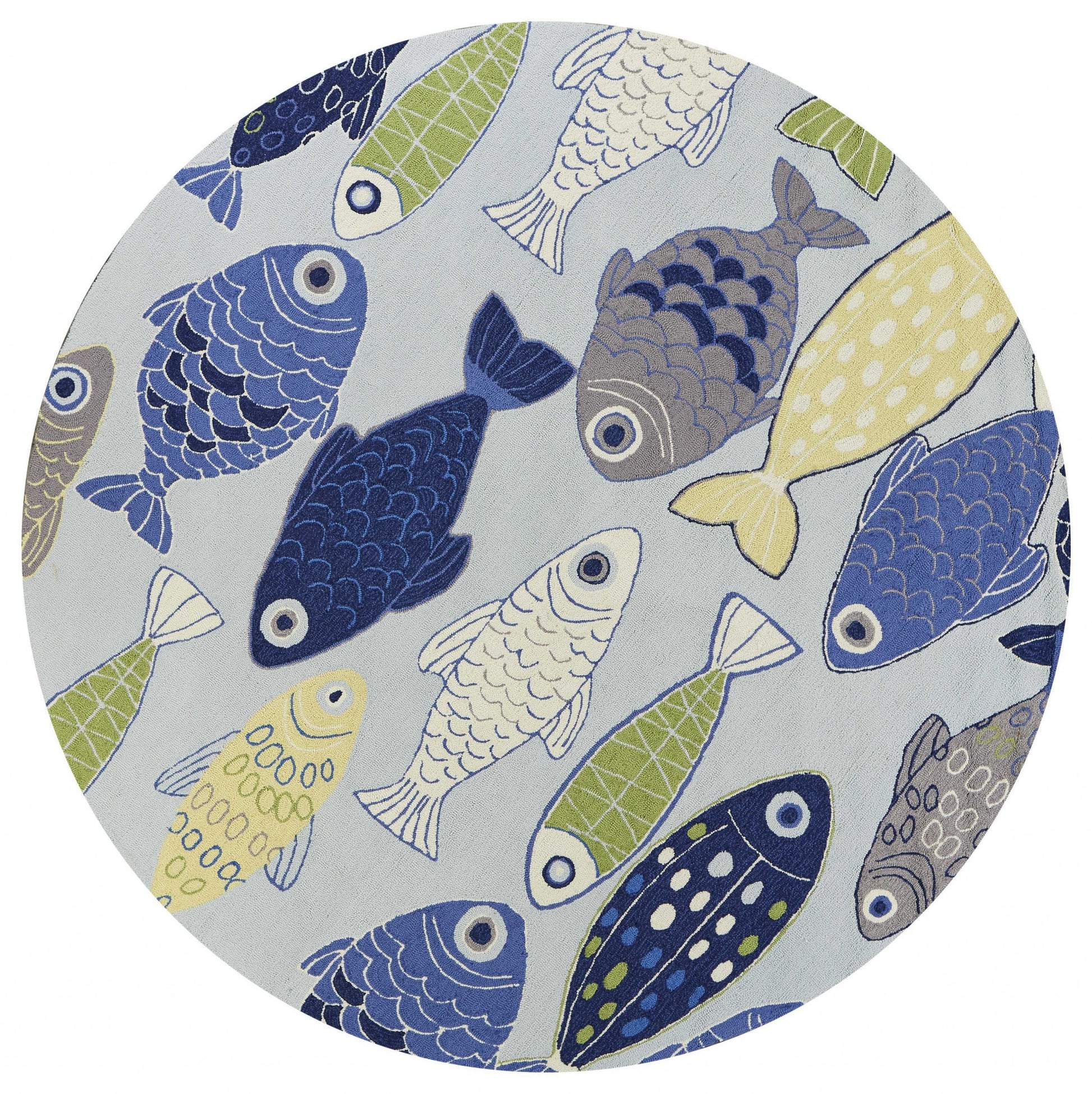 7' Blue Ivory And Green Fish Hand Tufted Round Rug-3