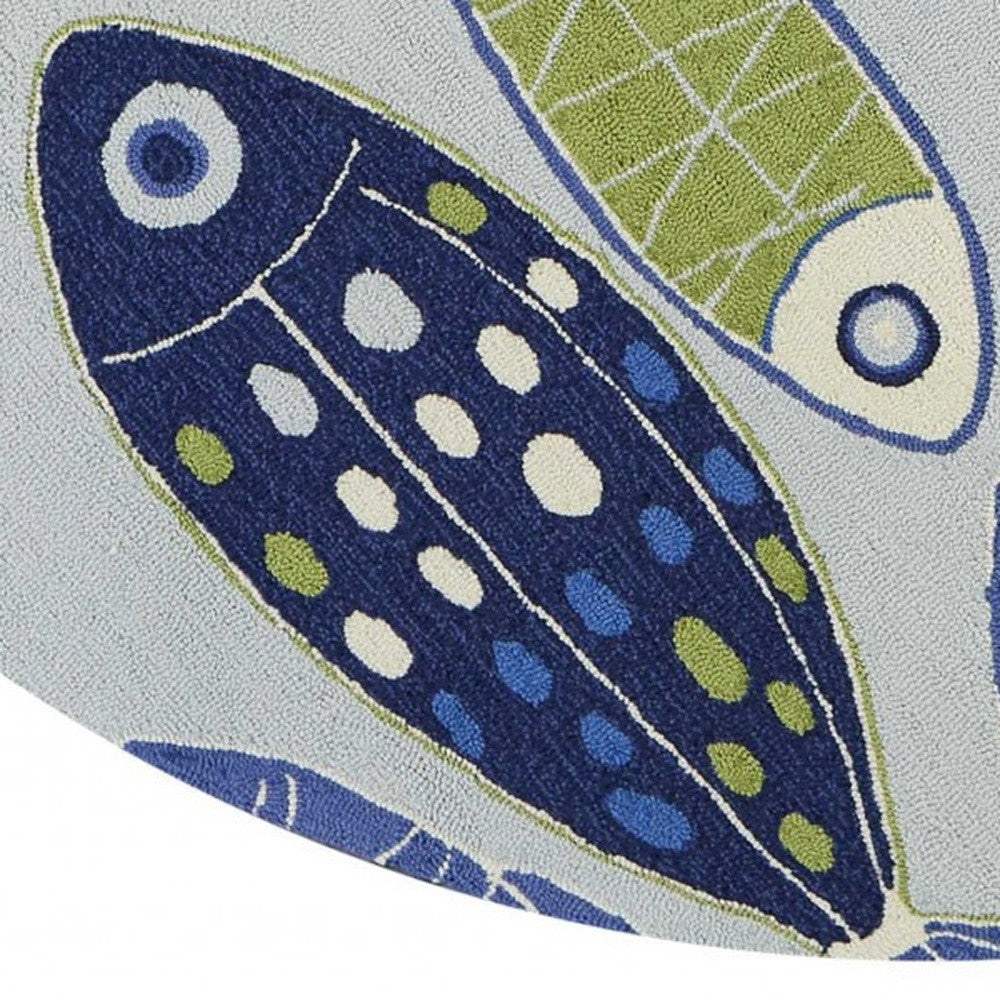 7' Blue Ivory And Green Fish Hand Tufted Round Rug-4
