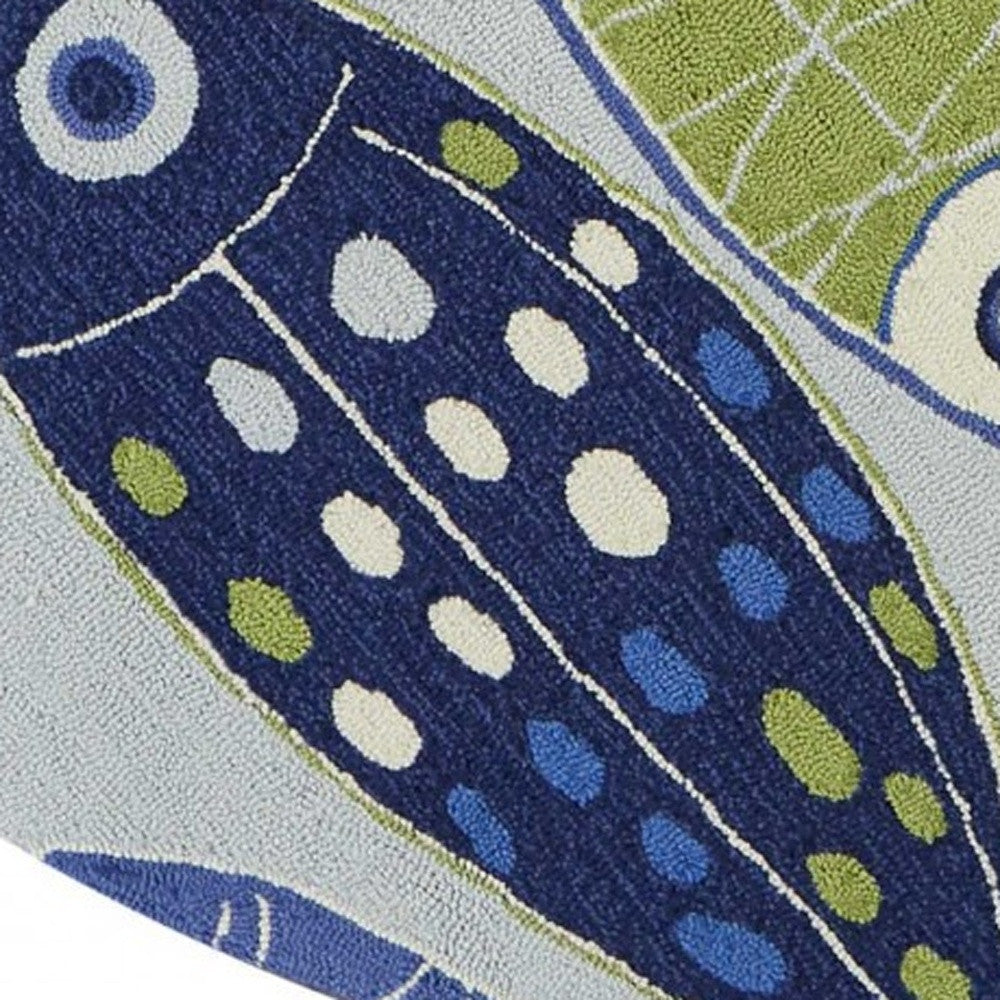 7' Blue Ivory And Green Fish Hand Tufted Round Rug-5