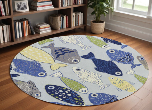 7' Blue Ivory And Green Fish Hand Tufted Round Rug-0