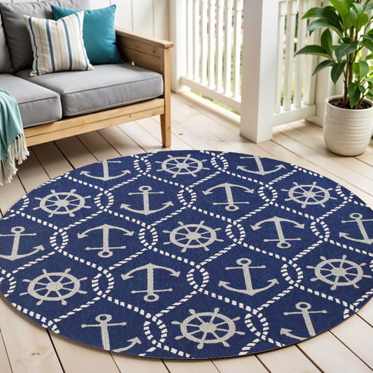 7' Navy Blue Round Nautical Handmade Indoor Outdoor Area Rug-0