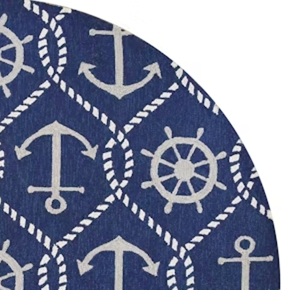 7' Navy Blue Round Nautical Handmade Indoor Outdoor Area Rug-3