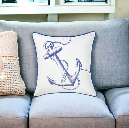 18" Blue And White Nautical Anchor Decorative Throw Pillow Cover-0