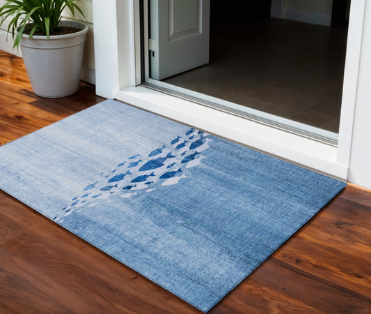 3' X 5' Sky Blue And Navy Blue Nautical Washable Indoor Outdoor Area Rug-0