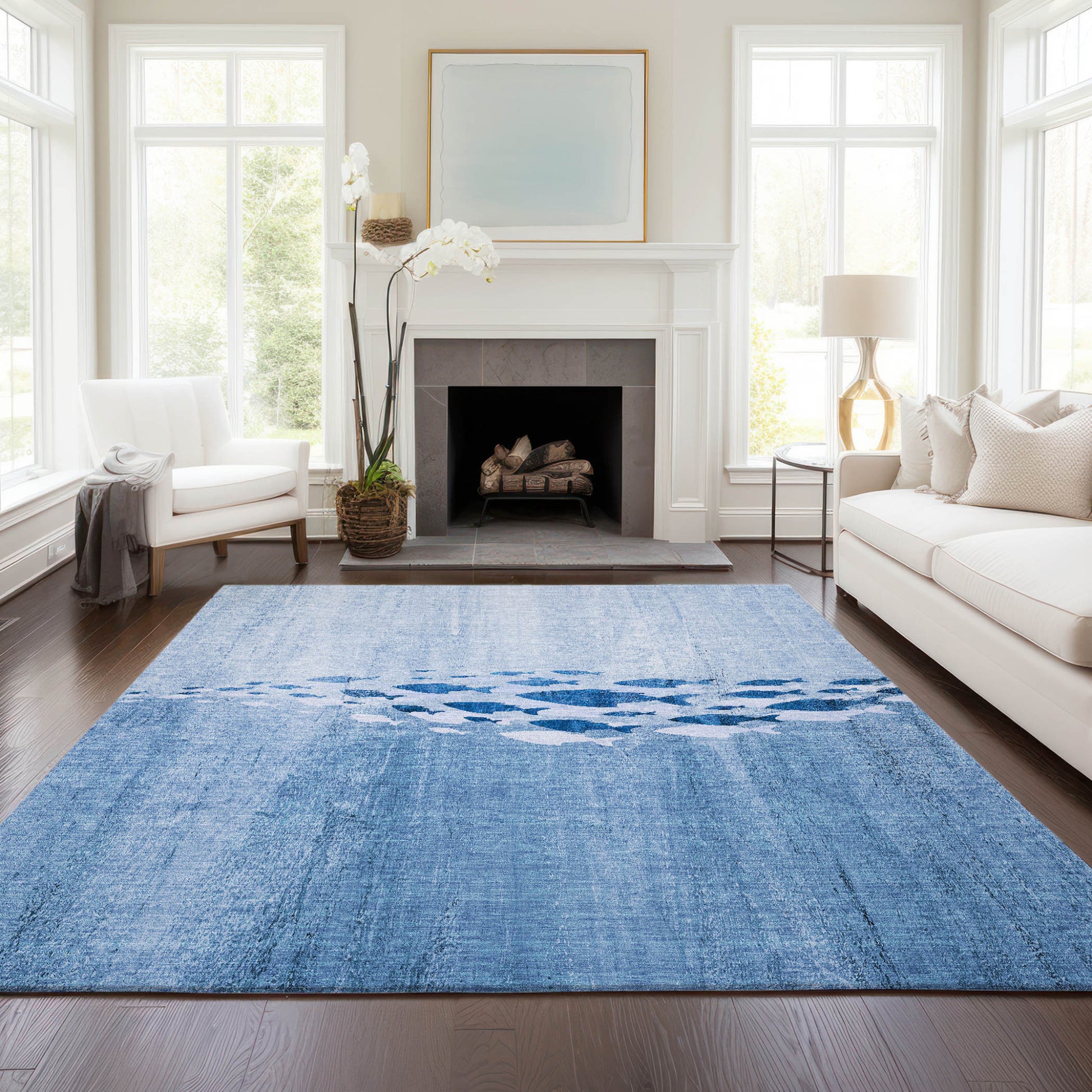 3' X 5' Sky Blue And Navy Blue Nautical Washable Indoor Outdoor Area Rug-6