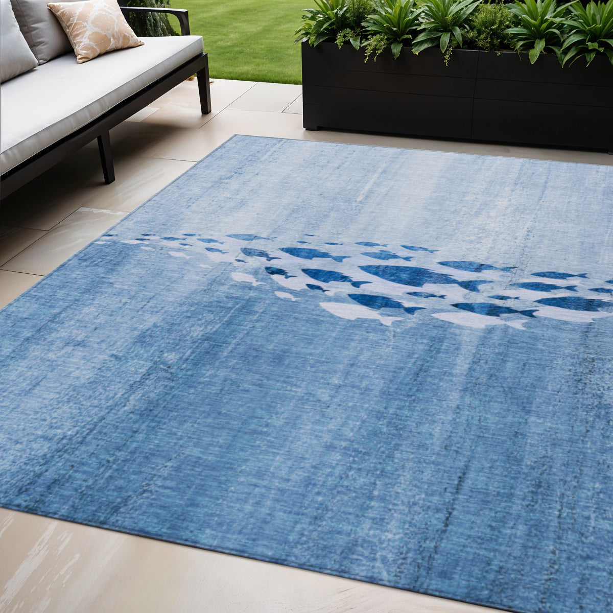 5' X 8' Sky Blue And Navy Blue Nautical Washable Indoor Outdoor Area Rug-0