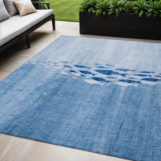 5' X 8' Sky Blue And Navy Blue Nautical Washable Indoor Outdoor Area Rug-0