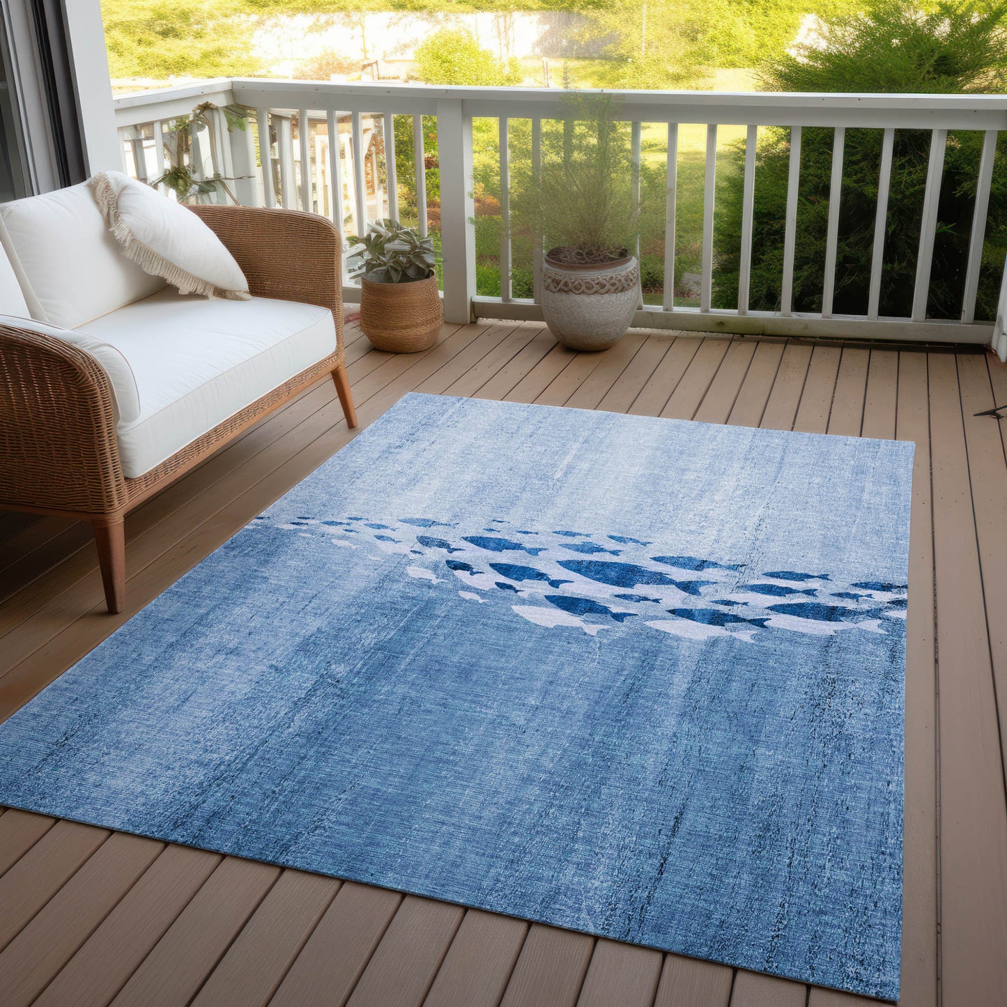 5' X 8' Sky Blue And Navy Blue Nautical Washable Indoor Outdoor Area Rug-8