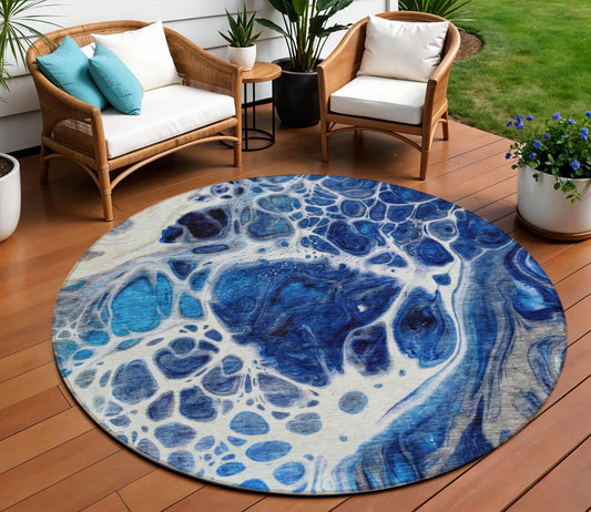 8' Navy Blue And Gray Round Nautical Washable Indoor Outdoor Area Rug-0