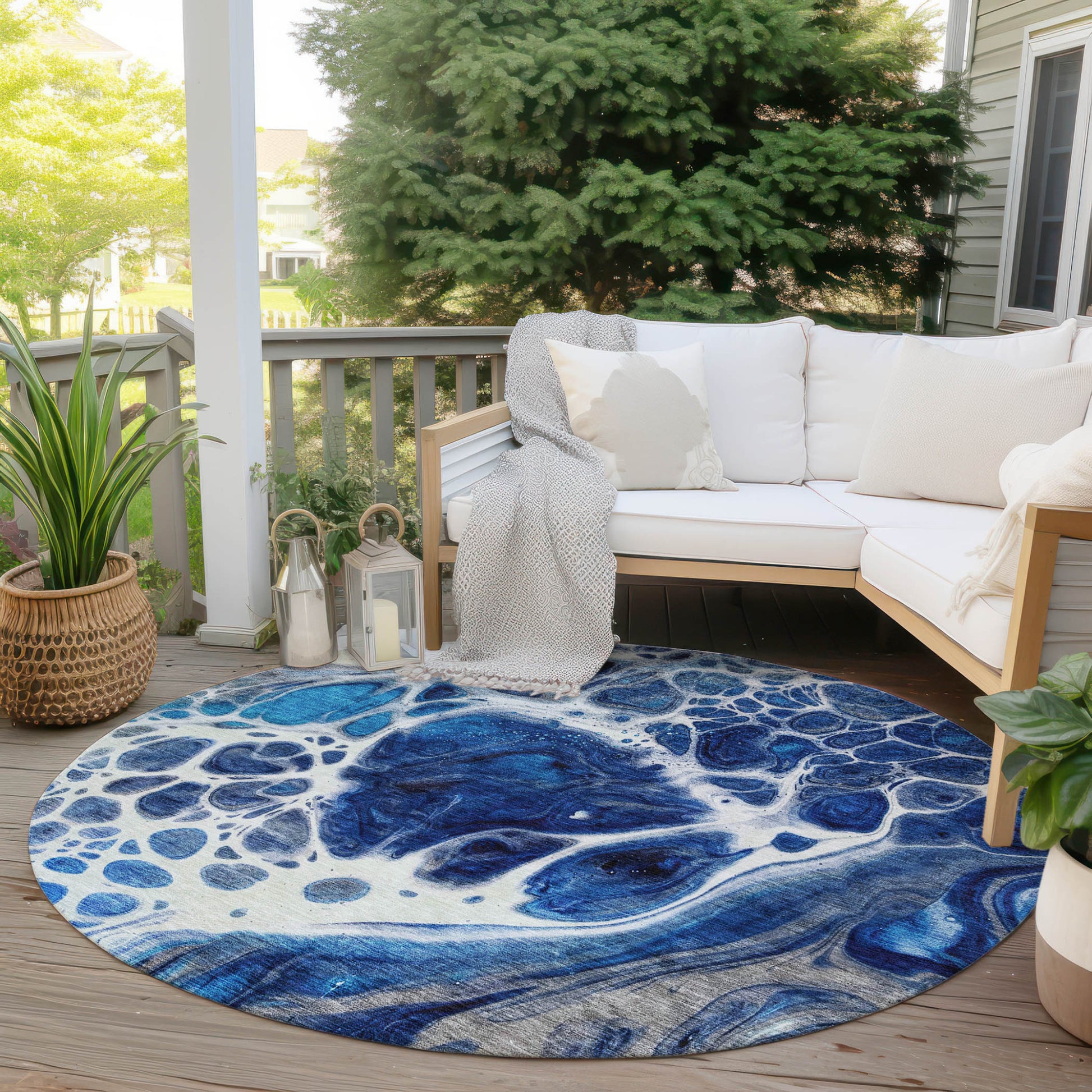 8' Navy Blue And Gray Round Nautical Washable Indoor Outdoor Area Rug-5