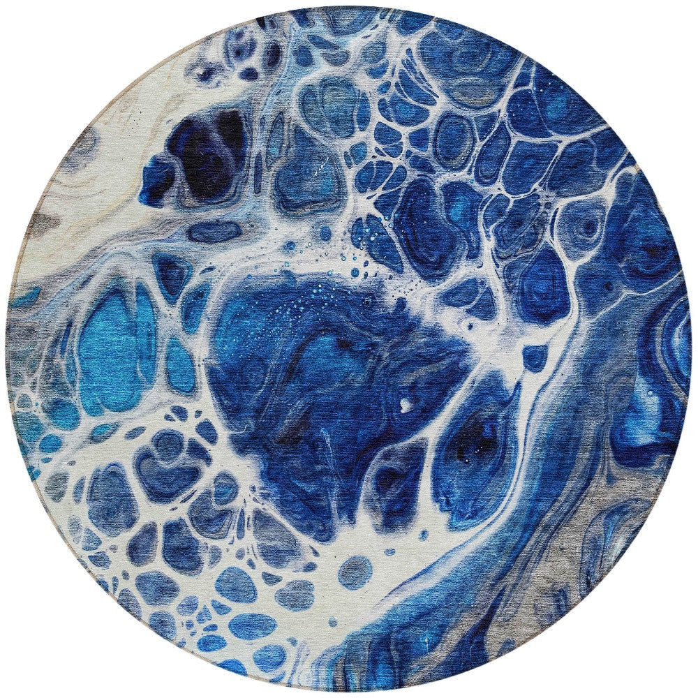 8' Navy Blue And Gray Round Nautical Washable Indoor Outdoor Area Rug-4