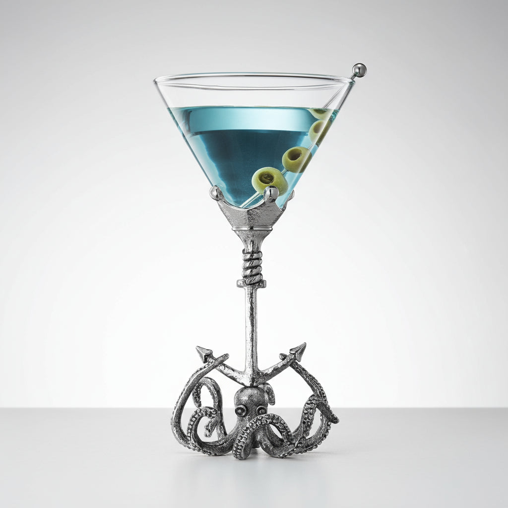 Pewter Kraken Octopus Martini Glass with Anchor Base, Nautical Cocktail Glass with Tentacle Design, Unique Barware for Beach House, Sea Creature Decor, Ocean Lover Gifts, Coastal Party Collectible-0