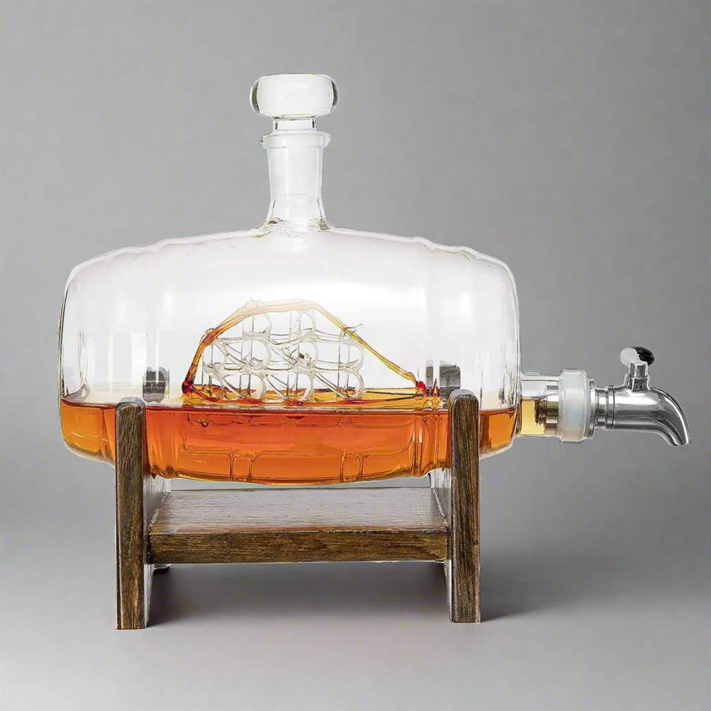 Whiskey Ship in a Barrel Decanter With Ship With 2-10 oz Glasses - By The Wine Savant, Whiskey & Wine Decanter Clear-1