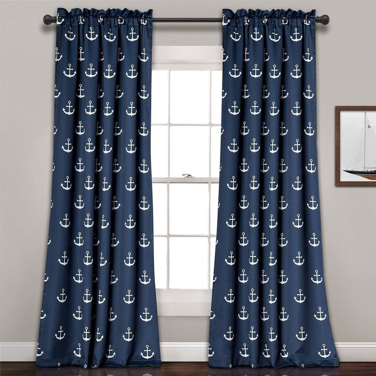 2 Panel 84"L x 52"W Navy Nautical Anchors Window Curtain Set-0