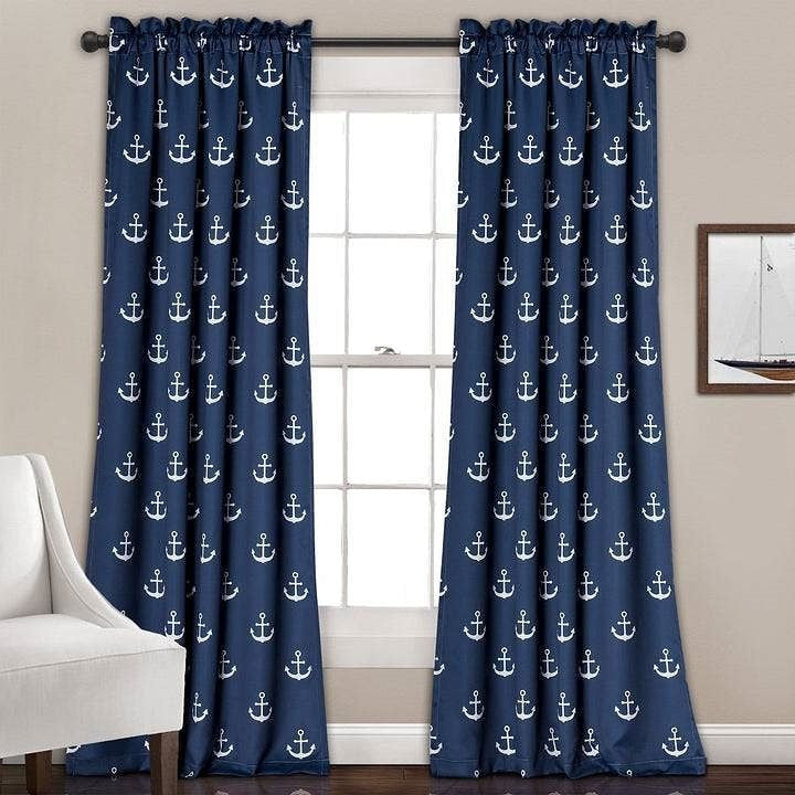 2 Panel 84"L x 52"W Navy Nautical Anchors Window Curtain Set-2