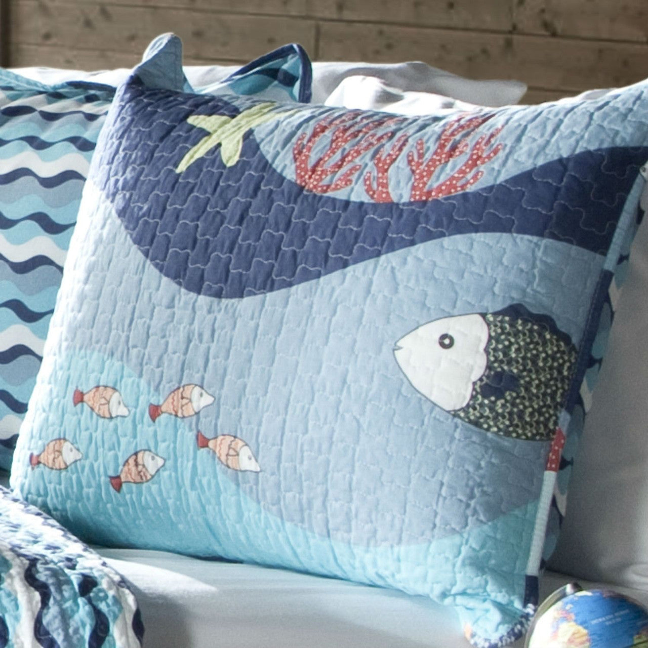 Twin Blue Serenity Sea Fish Coral Coverlet Quilt Bedspread Set-0