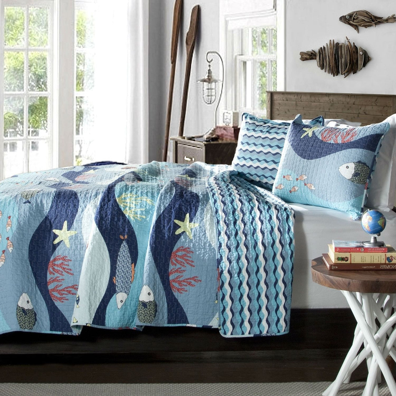 Twin Blue Serenity Sea Fish Coral Coverlet Quilt Bedspread Set-2