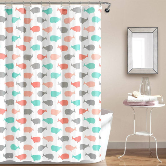 72-inch White Pink Aqua Blue Nautical Whales Polyester Shower Curtain-0