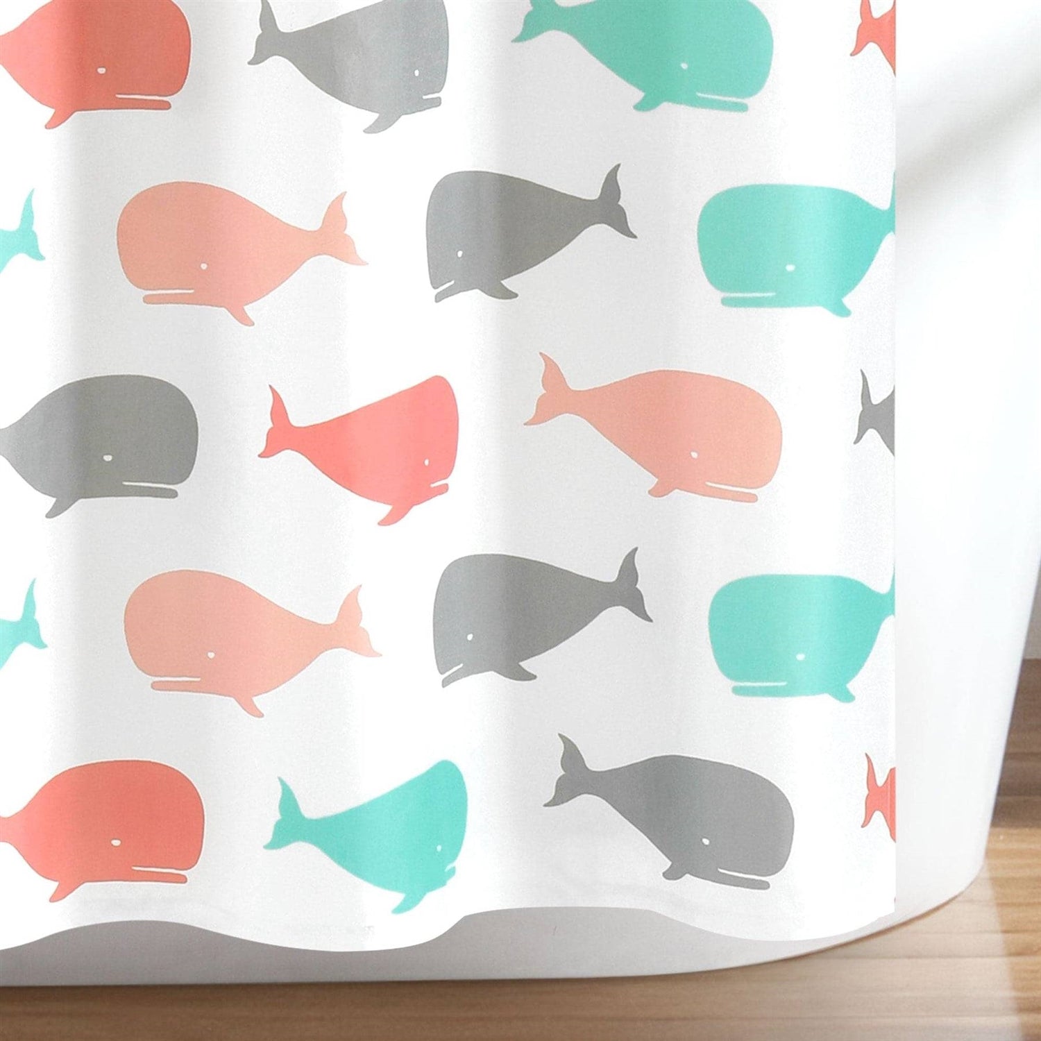 72-inch White Pink Aqua Blue Nautical Whales Polyester Shower Curtain-1