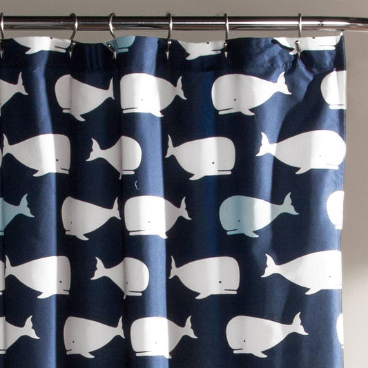 72-inch Navy White Nautical Whales Polyester Shower Curtain-0