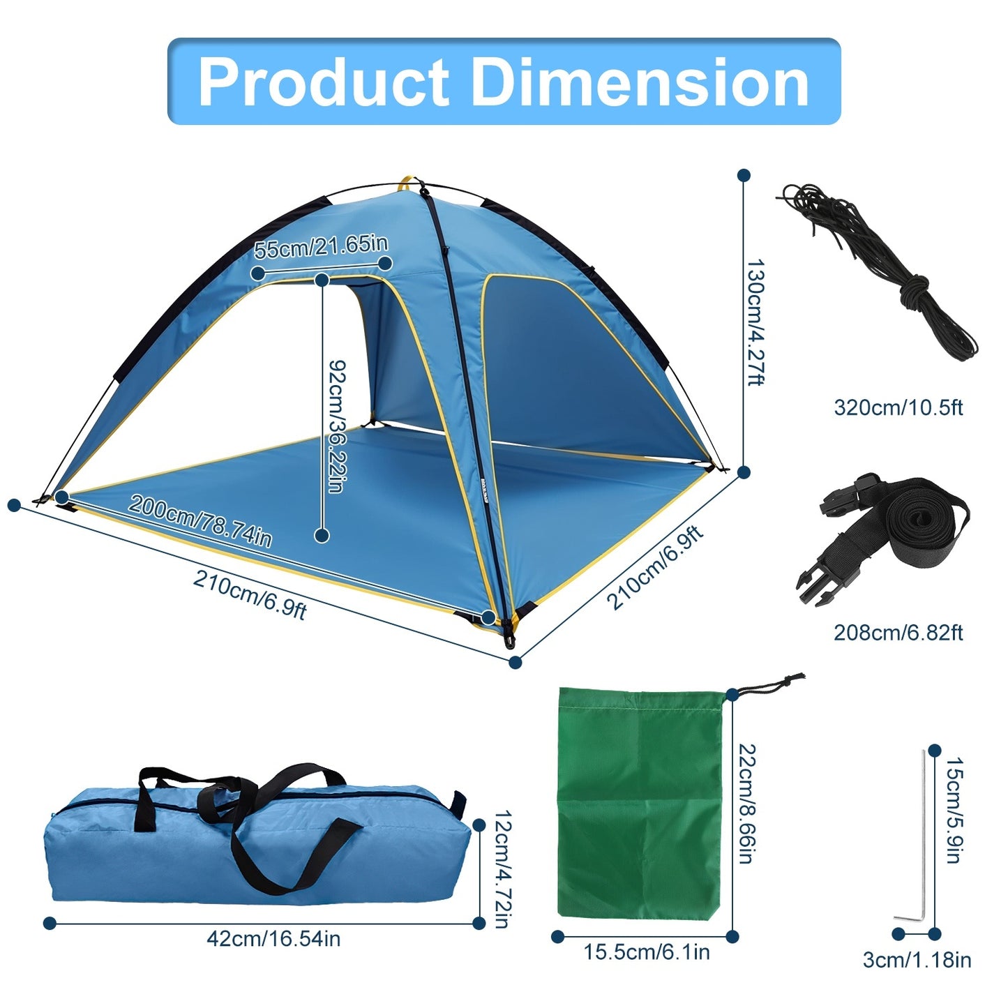 4-6 Person Beach Tent Canopy  With 3 Door Openings and Carry Bag