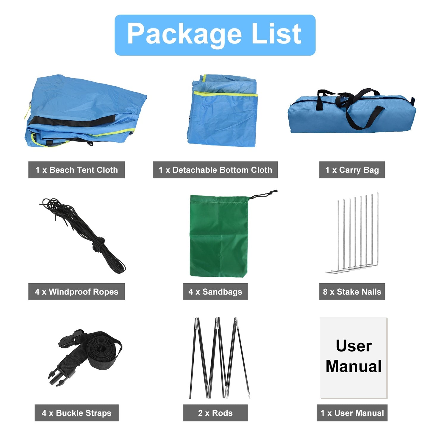 4-6 Person Beach Tent Canopy  With 3 Door Openings and Carry Bag