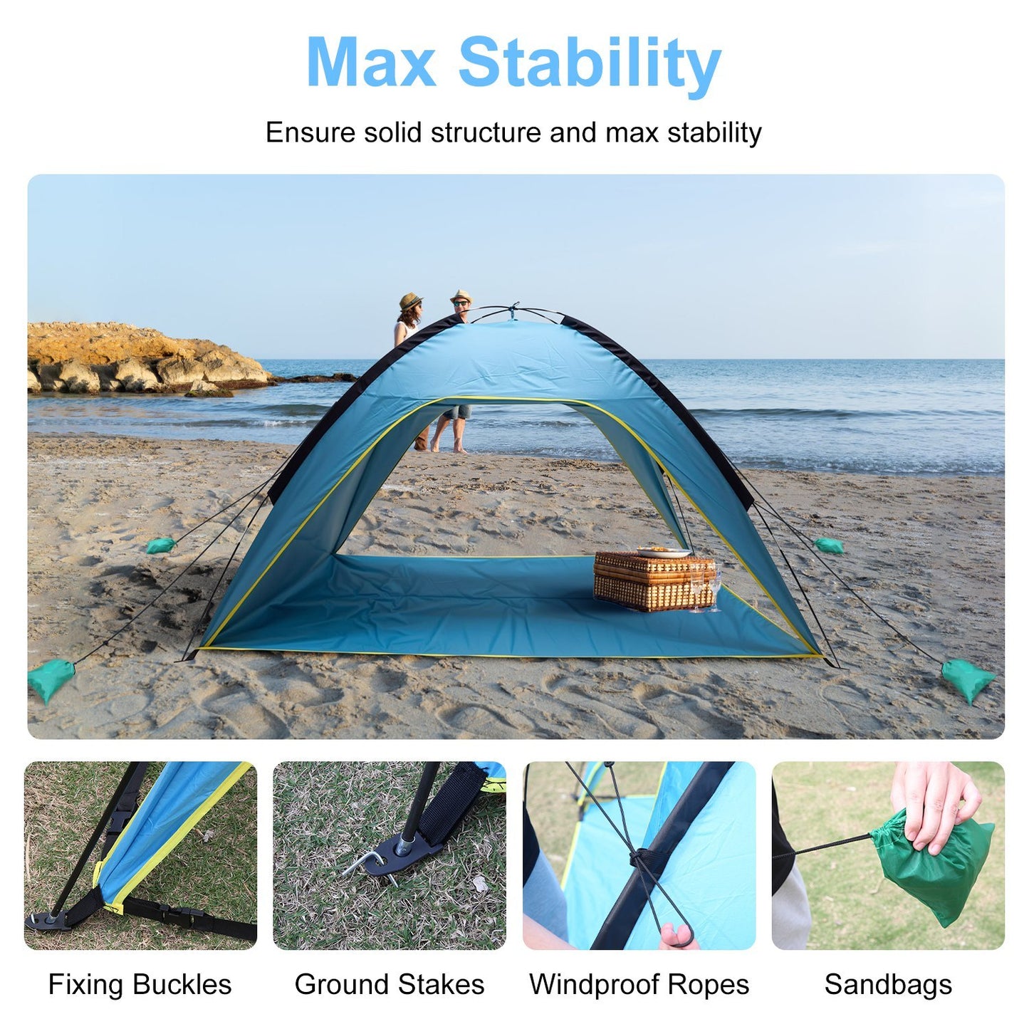 4-6 Person Beach Tent Canopy  With 3 Door Openings and Carry Bag