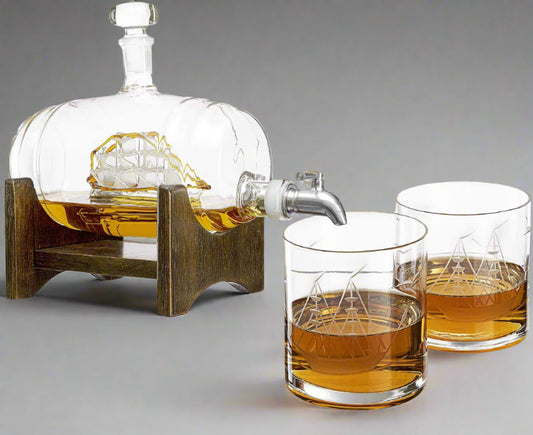 Whiskey Ship in a Barrel Decanter With Ship With 2-10 oz Glasses - By The Wine Savant, Whiskey & Wine Decanter Clear-0